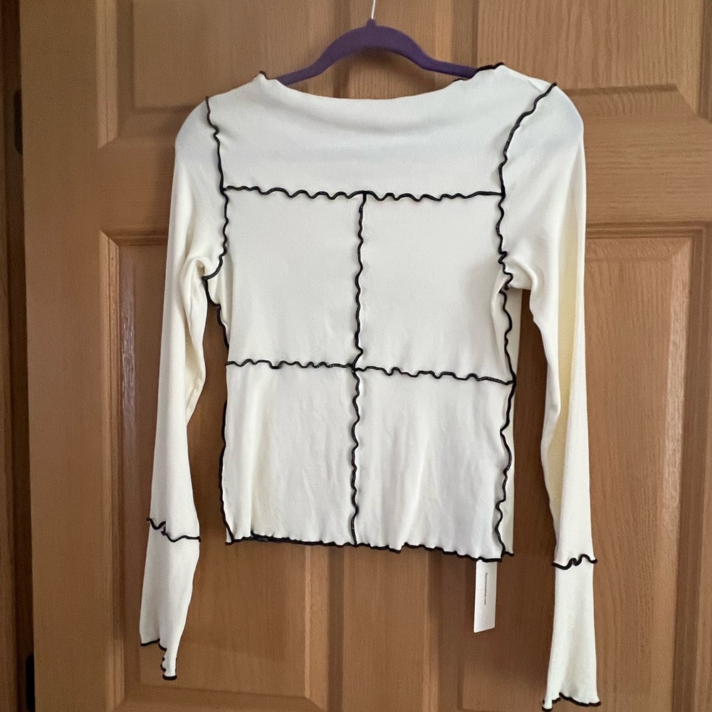 Commense Cream Lettuce Trim Long Sleeve Top with Black Accents